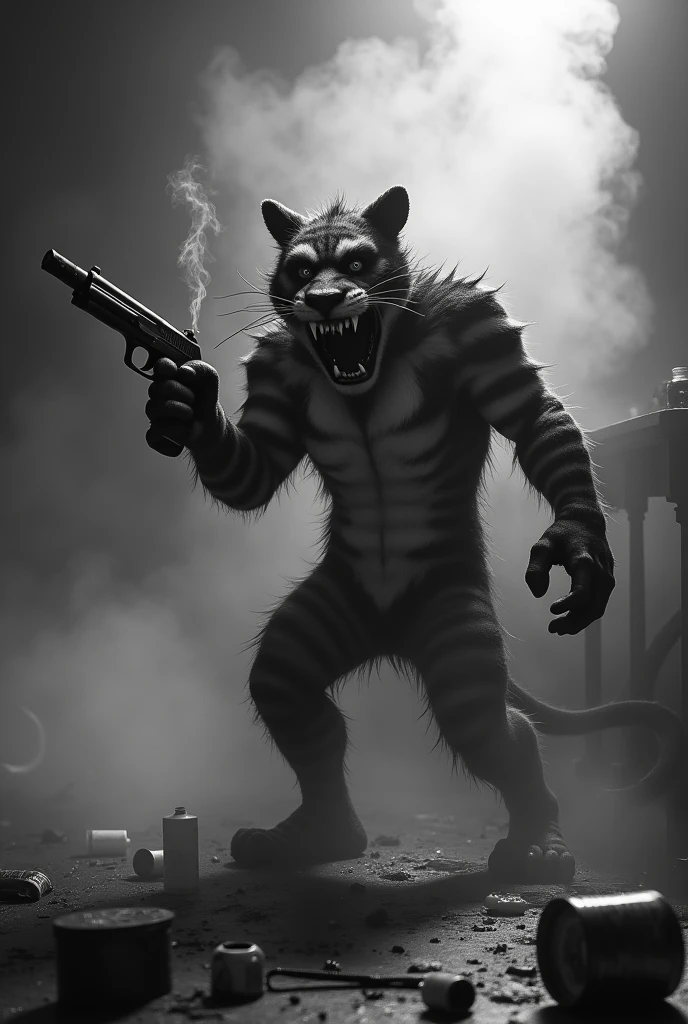 Bad Tigger with cigarettes and guns, lots of smoke in black and white, stealing and killing, putting glue