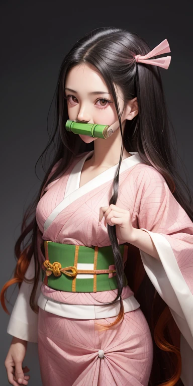 One girl, bamboo, bit gag, Black Hair, Checkerboard, Checkerboard heart, clavicle, amount, gag, gagged, Gradient Hair, hair ribbon, Haori, kimono, Kamado Nezuko, kimono, Long Hair, View your viewers, Hold your mouth, multicoloRedhead, heart, Open clothes, Pink Eyes, pink kimono, pink ribbon, Redhead, ribbon, sash, alone, very Long Hair