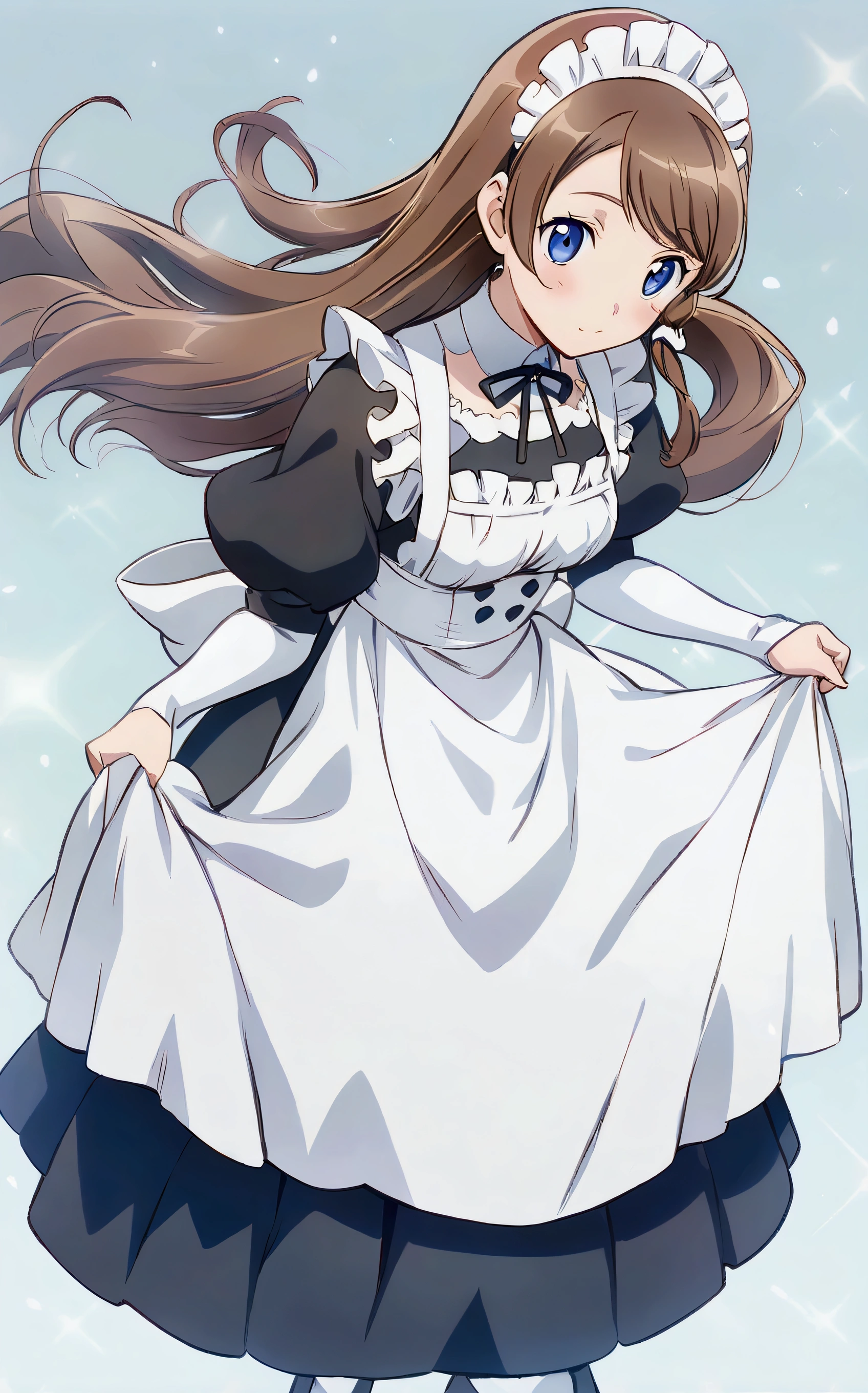 anime character dressed in a maid outfit, (hair swept bangs:1.3), (long brown hair:1.3), cute anime waifu in a nice dress, shirabii, anime girl in a maid costume, official character art, humanoid pink female squid girl, illustrious makinami, dressed like a cleric, marin kitagawa fanart, cushart krenz, maid outfit, official art, cushart kenz, maid dress