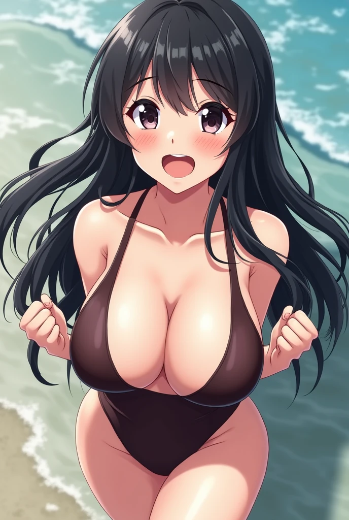 Beautiful girl、Genuine、Shortcuts、Black Hair、Large Breasts、smile、Japanese、Anime Style、、sexy、Ecstasy face、Haming、Ahegao、Upward glance、School Swimsuit、My chest is sticking out