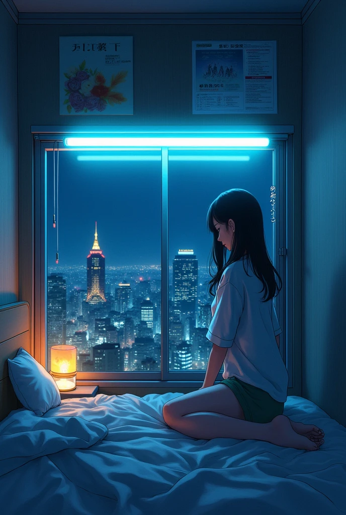 Late night, small room in Tokyo, young woman, unlit fluorescent light, Cyber ​​Castle that will be gone tomorrow, outside is Tokyo at night, watercolor style, anime style illustration