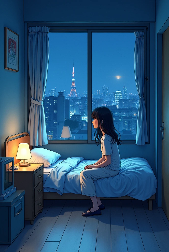 Late night, small room in Tokyo, young woman, unlit fluorescent light, Cyber Castle that will be gone tomorrow, outside is Tokyo at night, watercolor style, anime style illustration