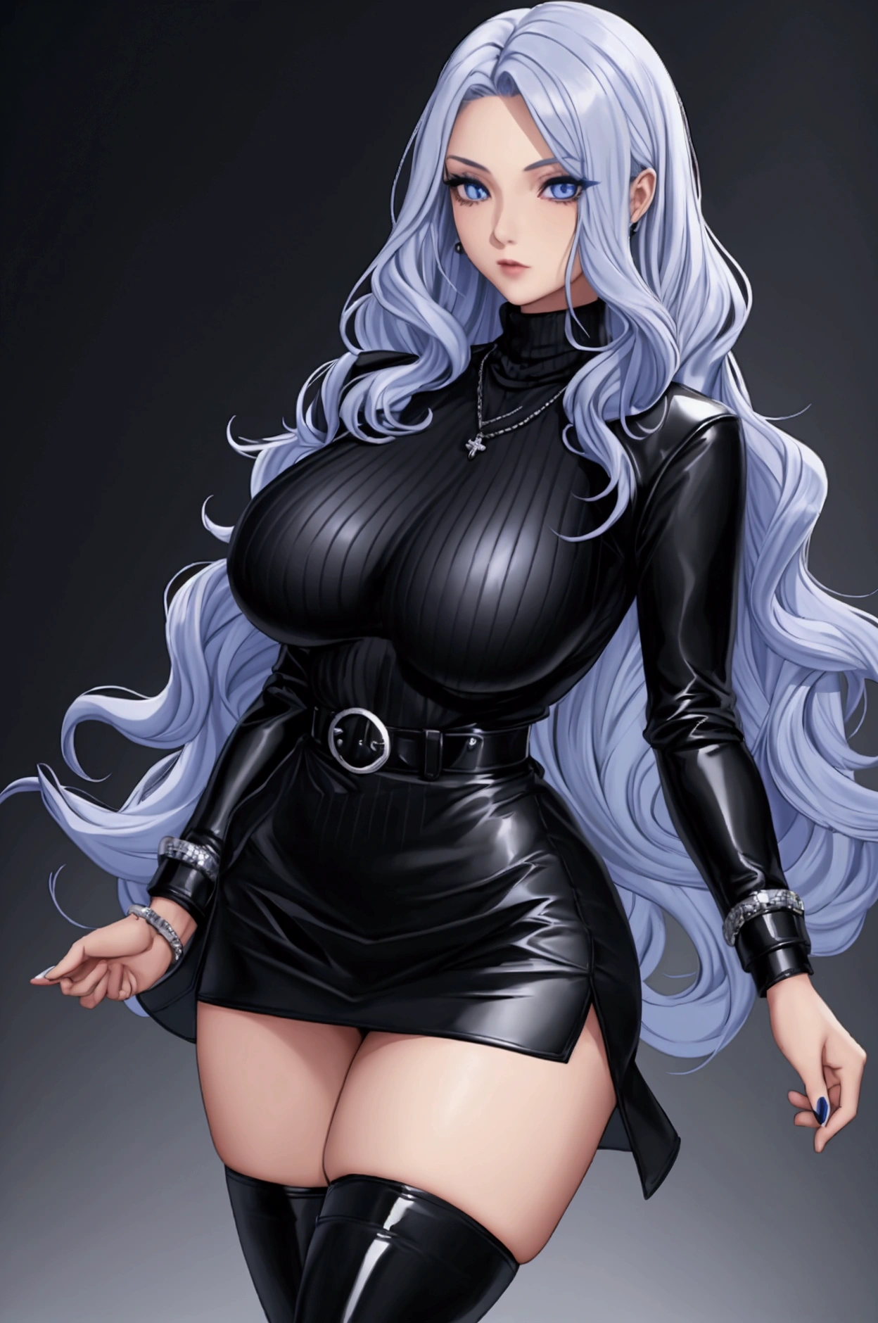 Figure : women . Colored hair : long platinum and maybe a little wavy . Eye : blue . body : Big round breasts , small waist , big dream . Skin : wear turtleneck , with black short skirt , wear long black socks , with boots . Accessory : wear bracelet necklace . cold look