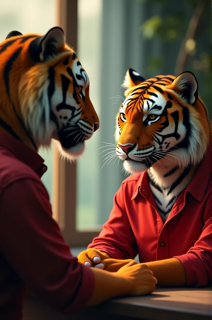 A young humanoid tiger wearing a red shirt illuminated by the soft glow The interviewer, a wise and experienced humanoid tiger, asked Rohan how he would lead the marketing team."