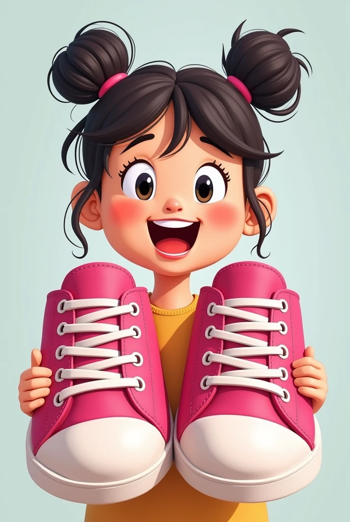 Girl holding her big pink shoes sneakers  happy (cartoon)  (one bun hair) close up 1D only