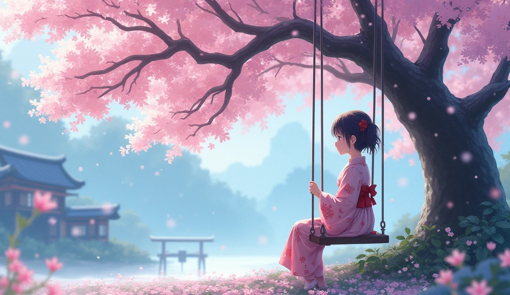 "Create a beautiful anime-style image of a young girl sitting on a swing under a cherry blossom tree, with snowflakes gently falling around. The scene should be in a Japanese aesthetic, showcasing delicate and vibrant colors, with the cherry blossoms in full bloom and the snowfall adding a serene, magical atmosphere."