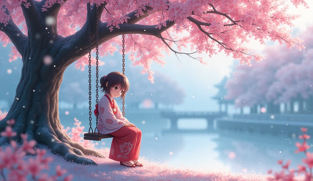 "Create a beautiful anime-style image of a young girl sitting on a swing under a cherry blossom tree, with snowflakes gently falling around. The scene should be in a Japanese aesthetic, showcasing delicate and vibrant colors, with the cherry blossoms in full bloom and the snowfall adding a serene, magical atmosphere."