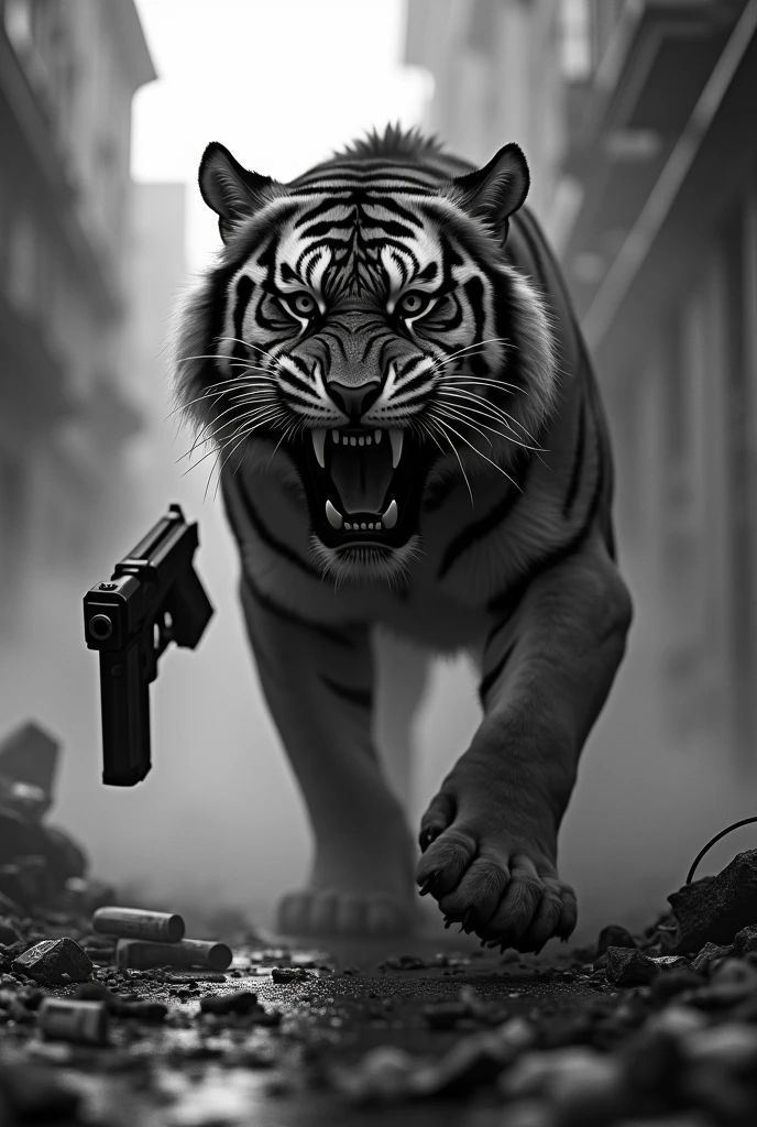 Bad tiger with cigarettes and guns, lots of smoke in black and white, stealing and killing, putting glue