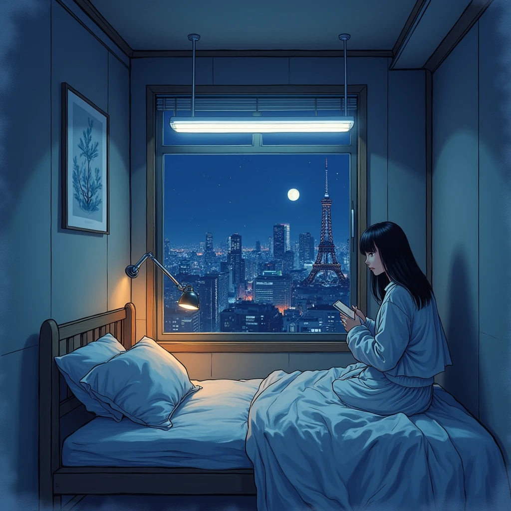 Late night, small room in Tokyo, young woman, unlit fluorescent light, Cyber ​​Castle that will be gone tomorrow, outside is Tokyo at night, watercolor style, anime style illustration