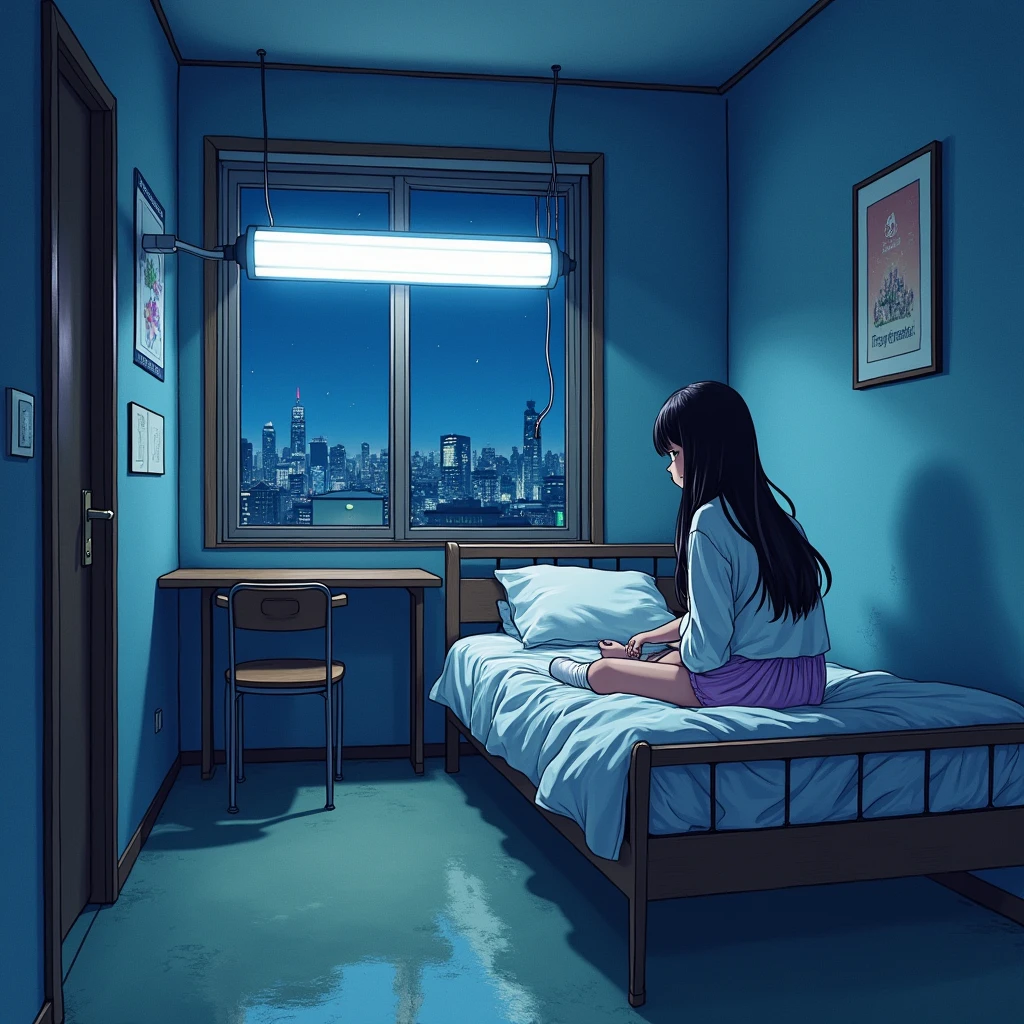 Late night, small room in Tokyo, young woman, unlit fluorescent light, Cyber ​​Castle that will be gone tomorrow, outside is Tokyo at night, watercolor style, anime style illustration