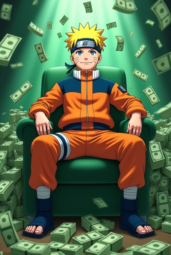 Natuto sit on chair and behind a lot of green money bundle
