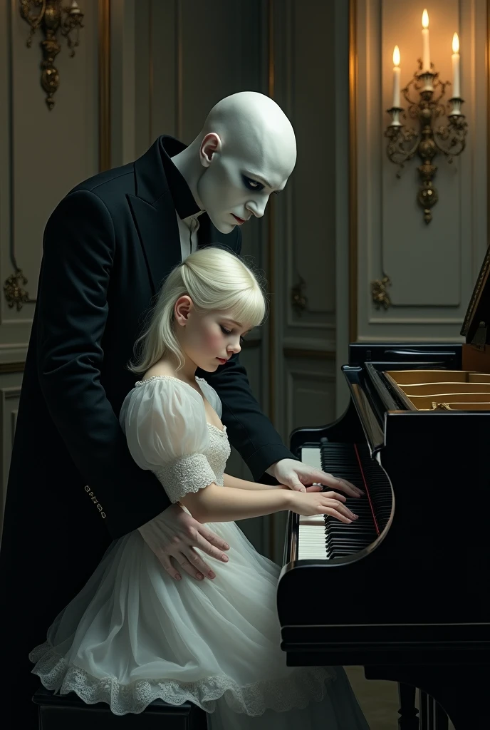 Vampire man teaching play piano albino girl