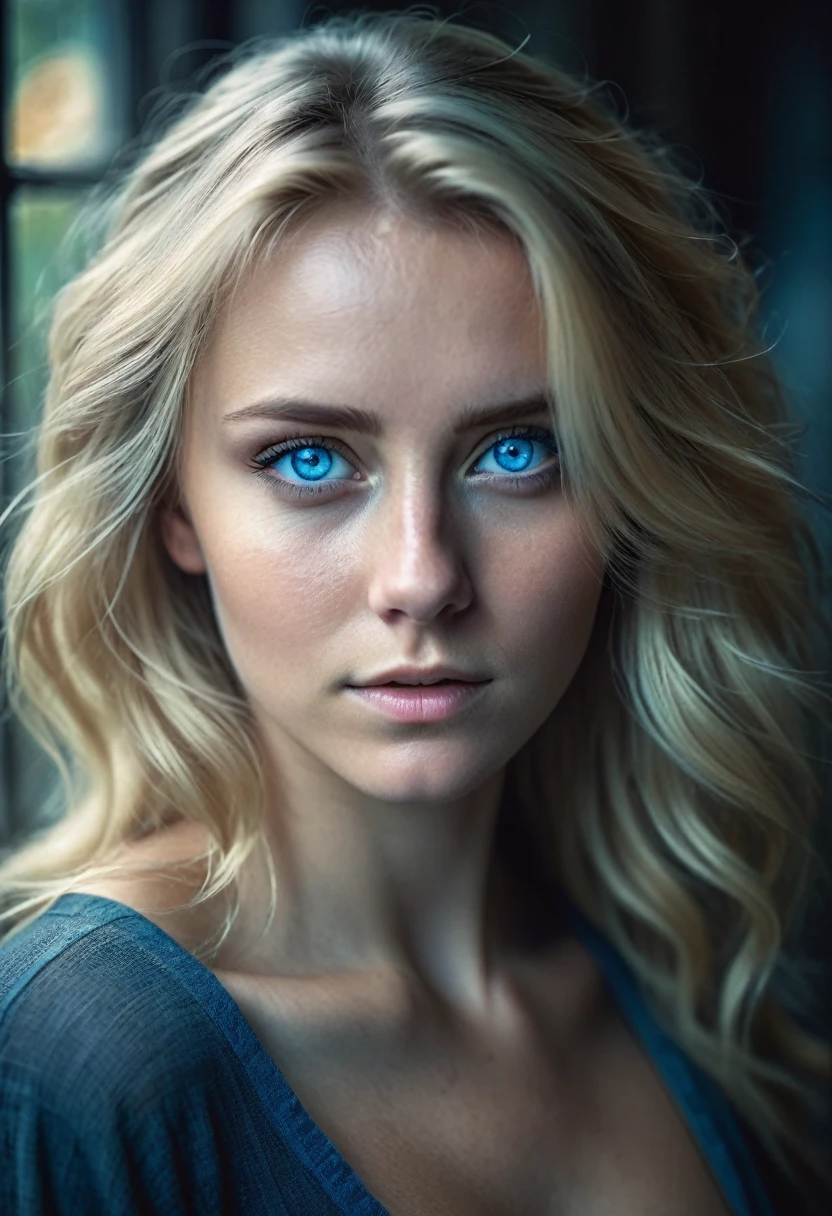 (Realisttic:1.2), analog photo style, cute woman with blond hair, blue eyes, (Gloomy and dark atmosphere), soft natural light, faded colours, sexy, great quality, Masterpiece, detailed fantasy background, better performance, 16k quality, HDR, RAW photo