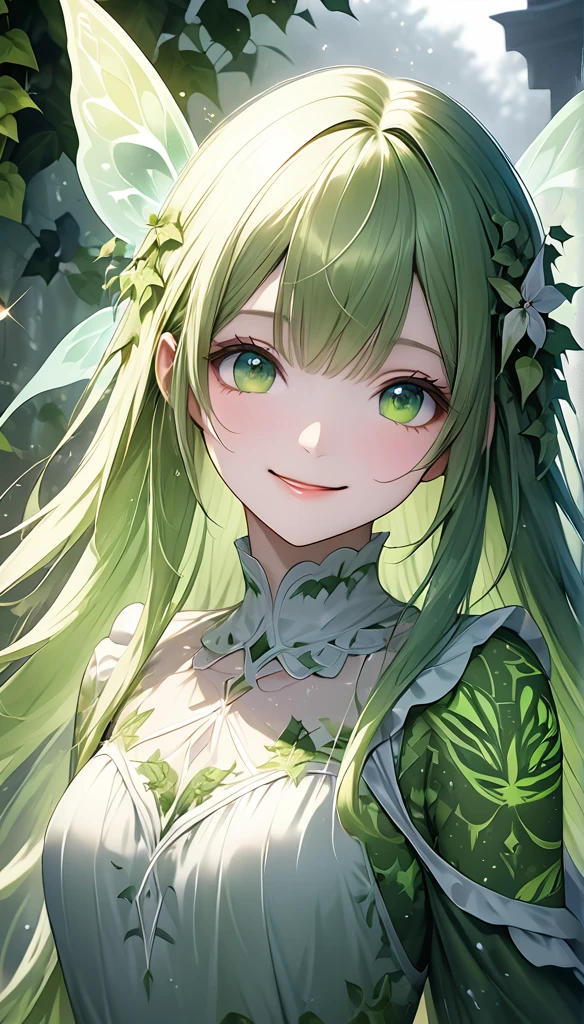 very beautiful female spirit fairy, with long straight green hair, green eyes, smiling, wearing a white and green long frilly dress, covered in green tattoos, great proportion, ivy, shading effects, gradation magic effects, foggy filter effects, glitter effects, (ultra detailed, absolutely resolution, best quality:1.3), 2.5D, delicate and dynamic, artistic photography, hyper realistic, graphic CG digital art