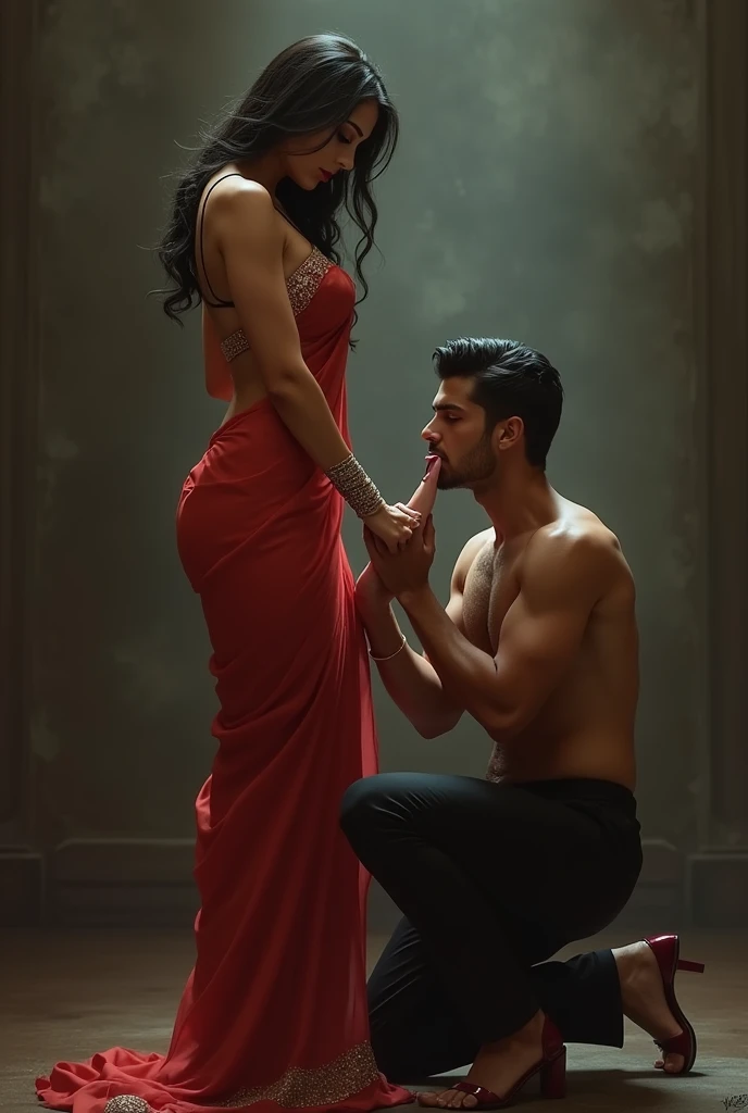 A woman sitting in chair crossing her legs, showing her thighs, feet in high heels wearing saree and a man kneeling in front of her holds her feet on his hand and licks her feet from tongue
