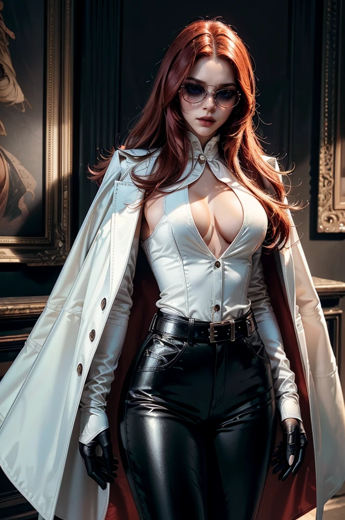 [cowboy shot], a beautiful young woman with long red hair, slim body, thin waist, narrow hips, detailed facial features, ((wearing high quality high waist black leather pants)), ((a formal white colored silk shirt with cleavage and long sleeves)), ((a white fur coat on shoulders)), ((luxury waist belt)), ((slightly red tinted glasses)), ((black latex gloves)), ((expensive reflective silk scarf)), holding a handbag, hand on waist, (best quality,4k,8k,highres,masterpiece:1.2),ultra-detailed,(realistic,photorealistic,photo-realistic:1.37),high fashion,editorial,dramatic lighting,cinematic,vivid colors,intricate details, glamorous
