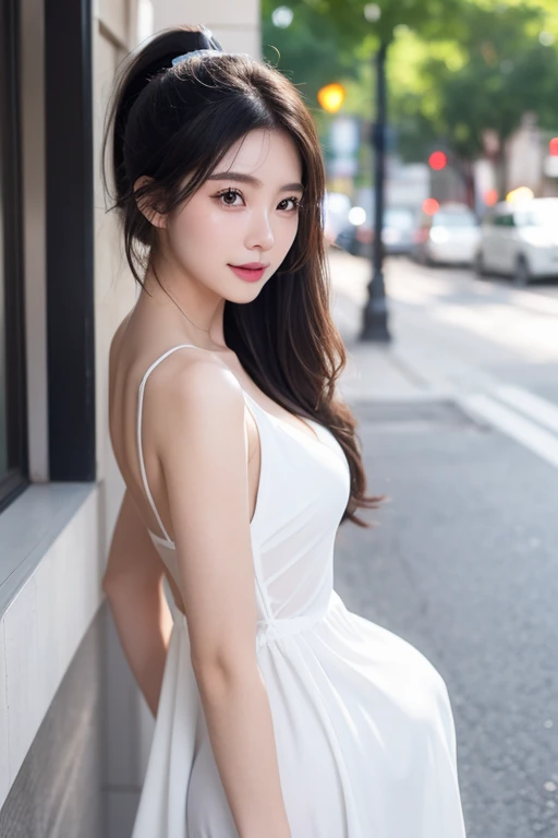(((Gorgeous white sexy dress、ponytail)))、(walk sideways、on the street、night、The cleavage is clearly visible、facing sideways、Walk in parallel、perspective from above)、(Very dark lip gloss、pure black lipstick、so many eyelashes、Pure black eye shadow)、to firmware、8k、original photography、top quality、High resolution:1.1、hyper realist:1.4、realist、Super detailed、Realistic:1.3、、masterpiece、ulzzang-6500-v1.1:0.33、fair_Error -6500:0.66、Pure Face_v1:0.33、original photo:1.2、open mouth、Soft Light、Cinema lights、film grain、whole body、Depth of Field,、Blurred background、eye focus、young、85mm lens、F/1.4、professional lighting、porch、Photon Mapping、radio city、Physically based rendering、transparency、一个girl、sexual arousal:1.5、Lifelike Face、realistic body、Real skin、Spotless:1.8、Large Breasts:1.3、Tears、teary eyes、raised eyebrows、good style、camel toe、a smile、Charming smile、fluffy clothes、fair collarbone、fair ass, Face、girl