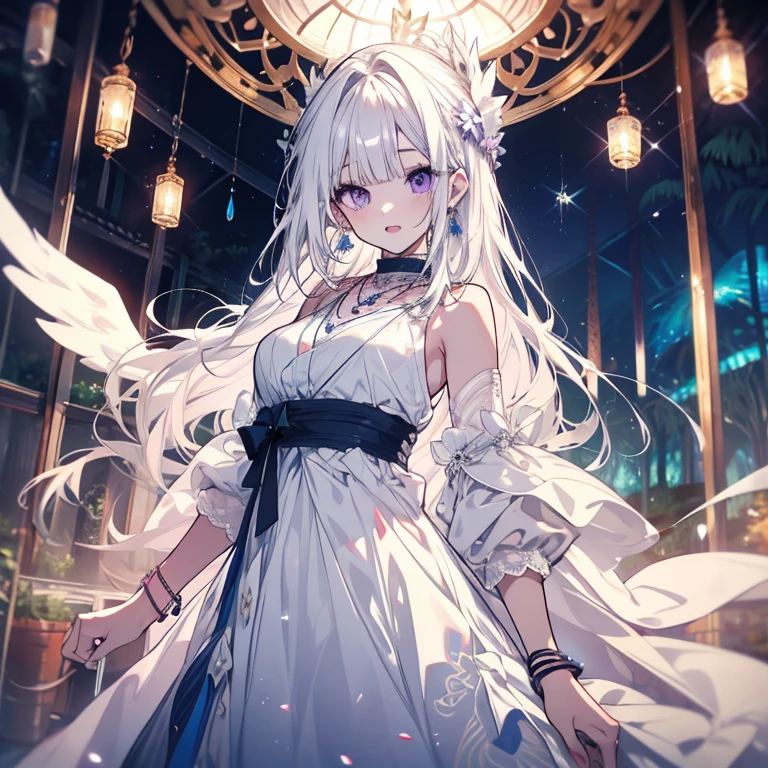 1 person、Mature、Ample breasts、Long Hair、White Hair、Straight hair、Trimmed bangs、White skin、Purple Eyes、Long eyelashes、White Dress、necklace、bracelet、Jewelry decoration、Ballerina Decoration、in the forest、Night Forest、mysterious、Earrings、Angel Wings、Fleeting、Transparency、Diva、Open Mouth、Diva、Blue light、garter、High resolution、Highest quality