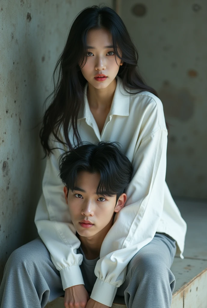 A Korean woman wearing white shirts and gray leggings is sitting on a lying man young korean girl, Idol 