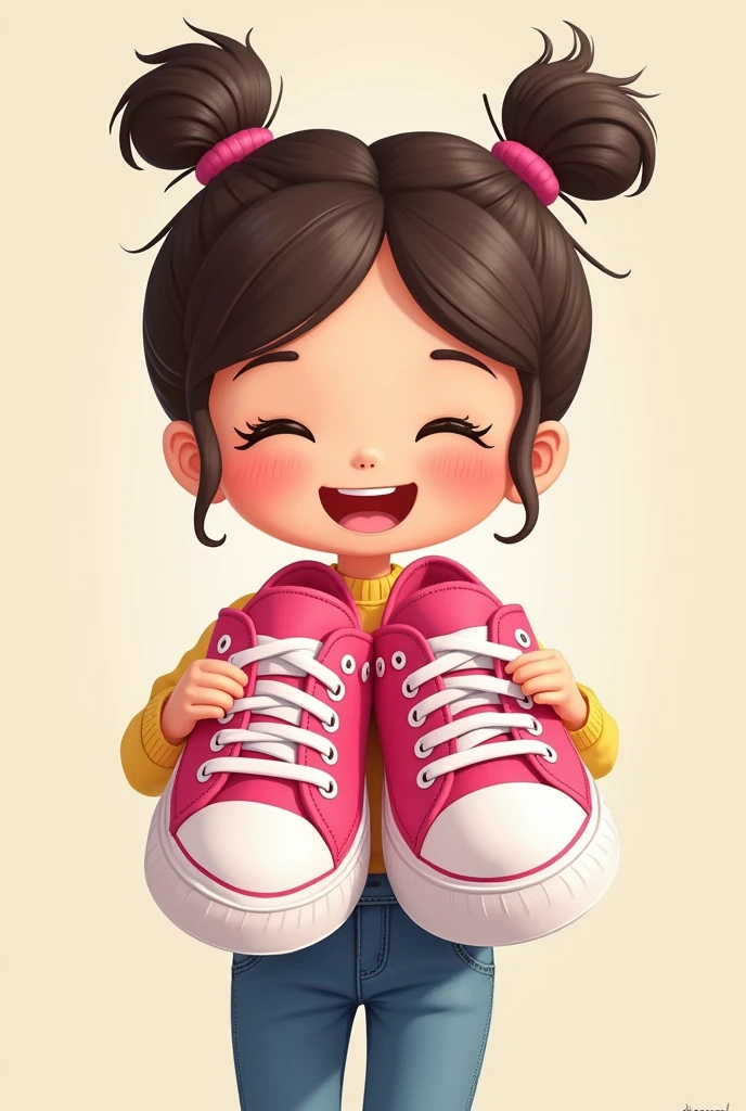 Girl holding her big pink shoes sneakers  happy (cartoon)  (one bun hair) close up 1D only no shadow