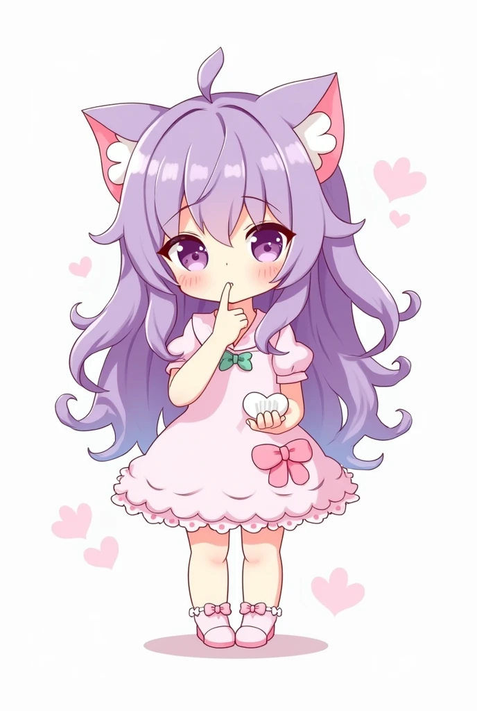 Chibi drawing of a cute girl with long wavy purple hair, big purple eyes, finger poking at cheeks, cute dress up