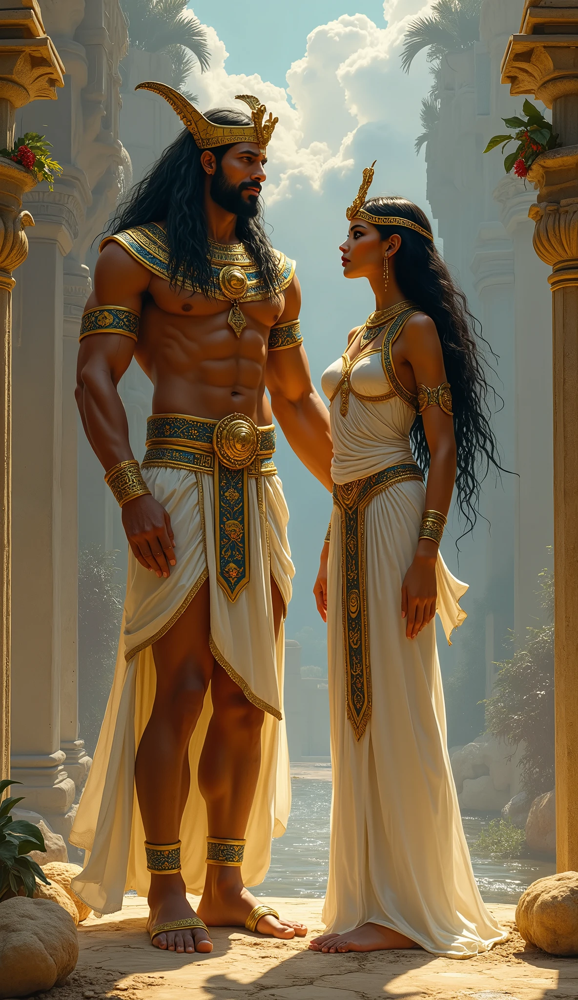 Show Shu and Tefnut together in Egyptian mythology, symbolizing their roles in establishing order in the universe. Shu is depicted holding up the sky, his body strong and muscular, while Tefnut is beside him, gently touching the earth as she creates streams of water. Both are dressed in traditional Egyptian attire, with gold