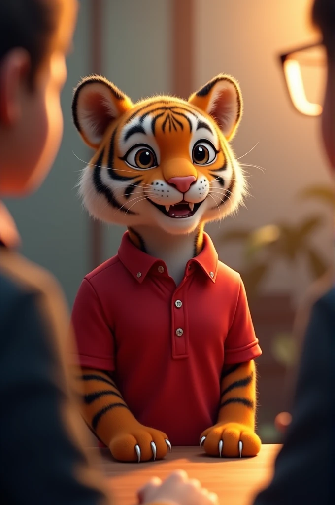 A young humanoid tiger wearing a red shirt illuminated by the soft glow Impressed by Rohan's creativity, the interviewer, along with other tiger staff, offered him the job."