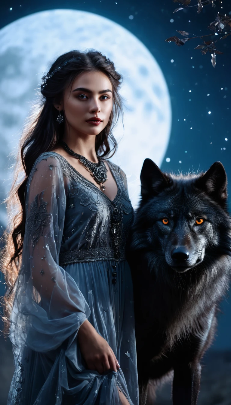 A beautiful girl next to a black wolf against the backdrop of a huge moon, a beautiful deep look, glowing eyes, dark flowing hair, an airy dress made of a foggy haze with filigree metal inserts, jewelry in the form of runes, decoration on the head, aesthetics of the female body, bright lumen, magical background , stars, glitter, mysterious moonlight lumen, light on the face, realistic photography, professional shooting, high detail, high resolution, 3D, 64k, photorealism, hyperrealism