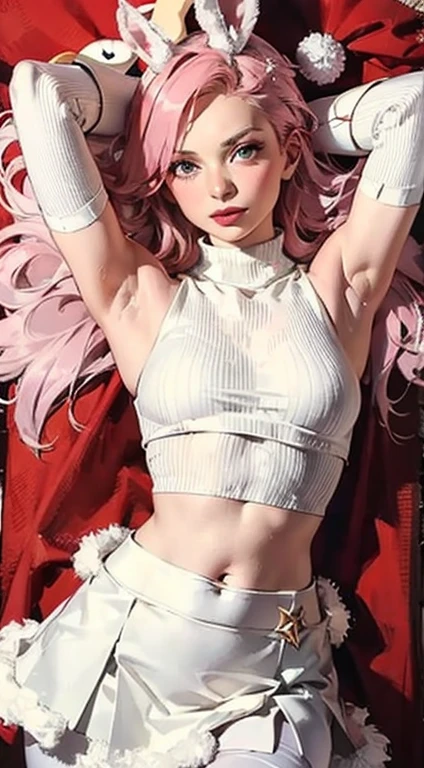 masterpiece, best quality, 1 woman, mature female, perfect face, detailed eyes, elysia, pink hair, extra long hair, (pastel color), white turtleneck sweater, sleeveless, croptop, waist, white fur skirt, fur trim, white gloves, white pantyhose, white rabbit ears, (red interior), Christmas decorations, shine, red wall, red furnitures, lying down, red carpet, from above, dynamic pose, contrapposto, upper body, portrait, armpit