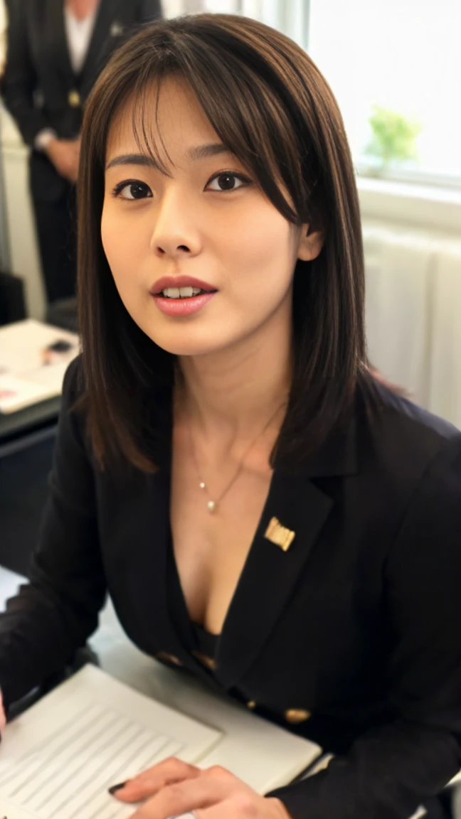 (top-quality, 16K, masterpiece:1.3), (ultra detailed), (masterpiece), (best quality), Highest quality, Realistic, Surreal, Highest quality, Extremely detailed CG, Very delicate, 16K wallpaper, High resolution, A woman in a management position at a prestigious company, 3, beautiful woman, ((Silky hair:1.2)), (beautiful medium short hair:1.2), BREAK ((upper body:1.5)), ((look into the viewer's eyes:1.5)), ((looking at viewer:1.5)), ((Front view:1.5)), ((from front:1.5)), BREAK ((thin lips:1.5)), ((orgasm:1.5)), ((ecstasy:1.5)), (mole under eye:1.2), ((UNTITLED business suit:1.2)), ((Very simple necklace)), With a large window Japanese office, ((Working at desk:1.5)), Japanese, slender body, very detailed, detailed fingers, detailed hands, detailed eyes, detailed legs, accurate and perfect human anatomy, real human skin,