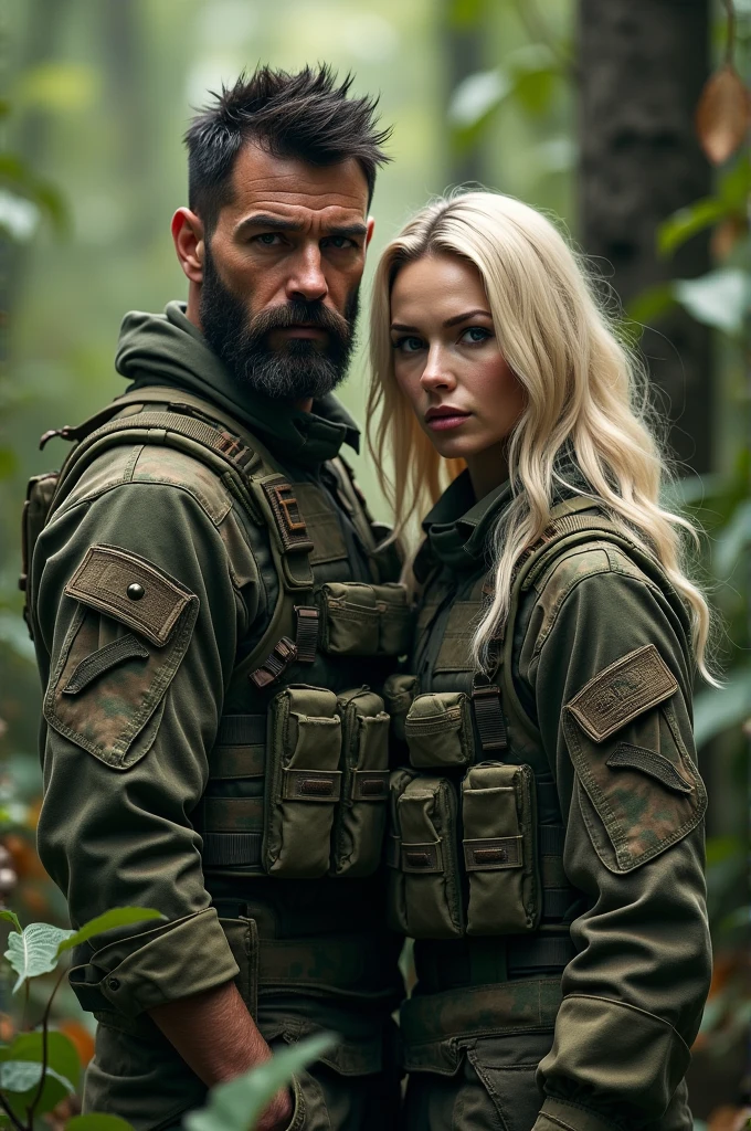 A man with black hair and a black beard wearing camouflage clothing and a blonde woman with white skin wearing camouflage clothing