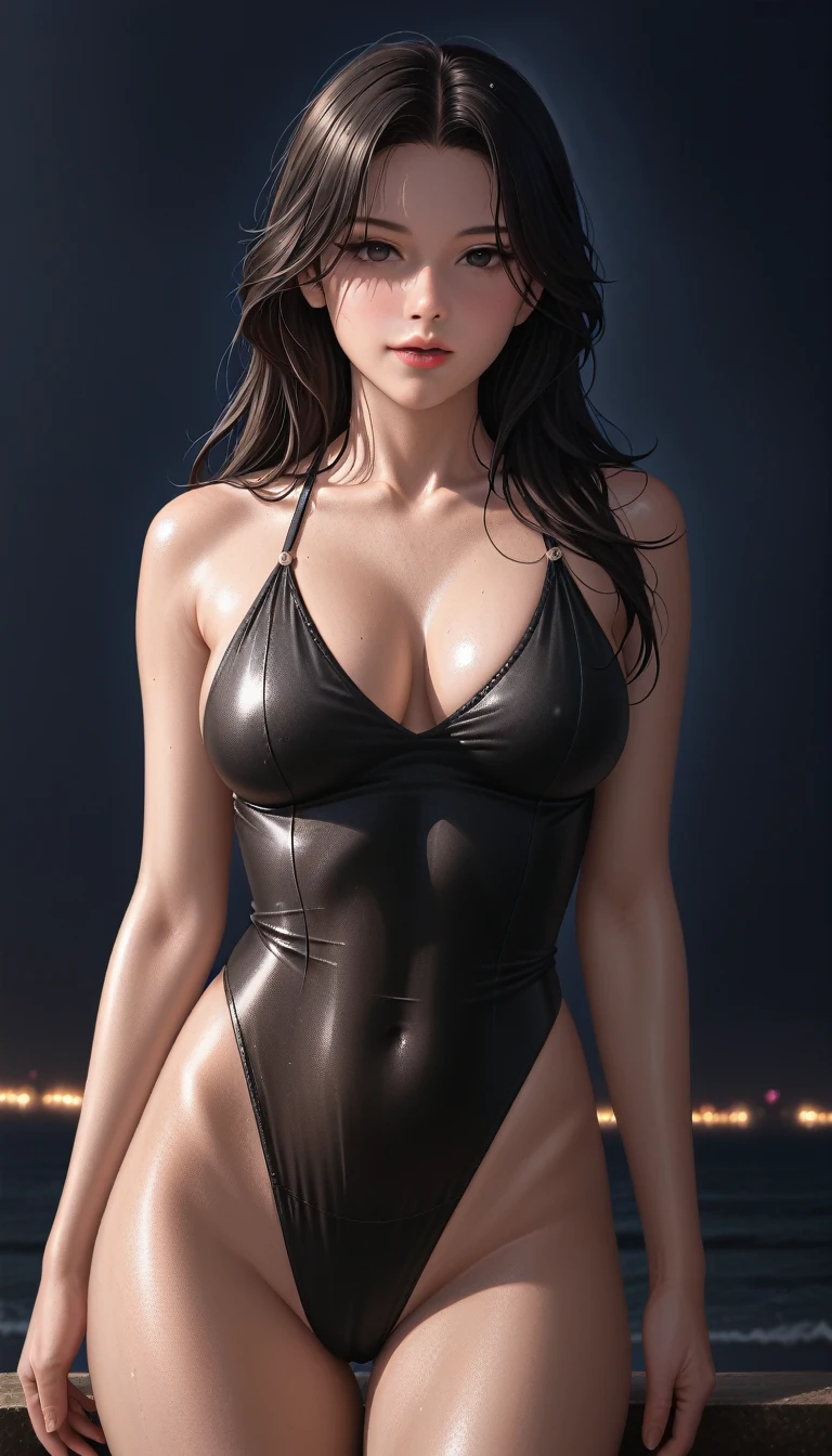 score_9, score_8_superior, score_7_superior, A masterpiece in 32K resolution,Highest quality,it is really amazing,Very detailed,Ultra-high resolution,Ultra-realistic,Realistic,Increased depth of field,Cinematic lighting,
Sexy mature Japan woman,
Glossy black hair,Wavy long hair,Showing his forehead,god々Beautiful,Ultra-detailed and beautiful face,Sensual look,Beautiful dark brown, moist eyes,Pitch black eyes,Glowing, moisturized skin,Translucent white skin,born々New skin texture,Great proportions,
Black high leg swimsuit,
Bold design,born地の詳細な質感,
Dark cloudy sky at night,Dark clouds filling the sky,Thundercloud,Coastline at night,Golden reflections on the sea surface,delay々A desolate sandy beach that continues,
Cinematic Angle,