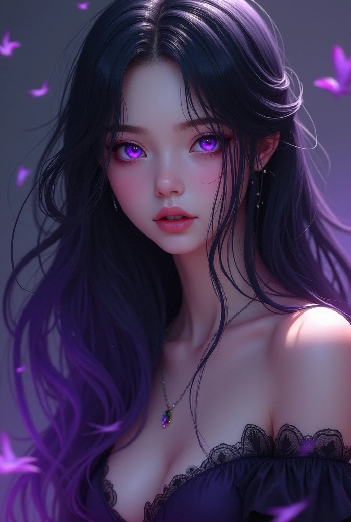 Her hair is black with purple gradation at the ends, reaching down to her waist. Her eyes are both purple.