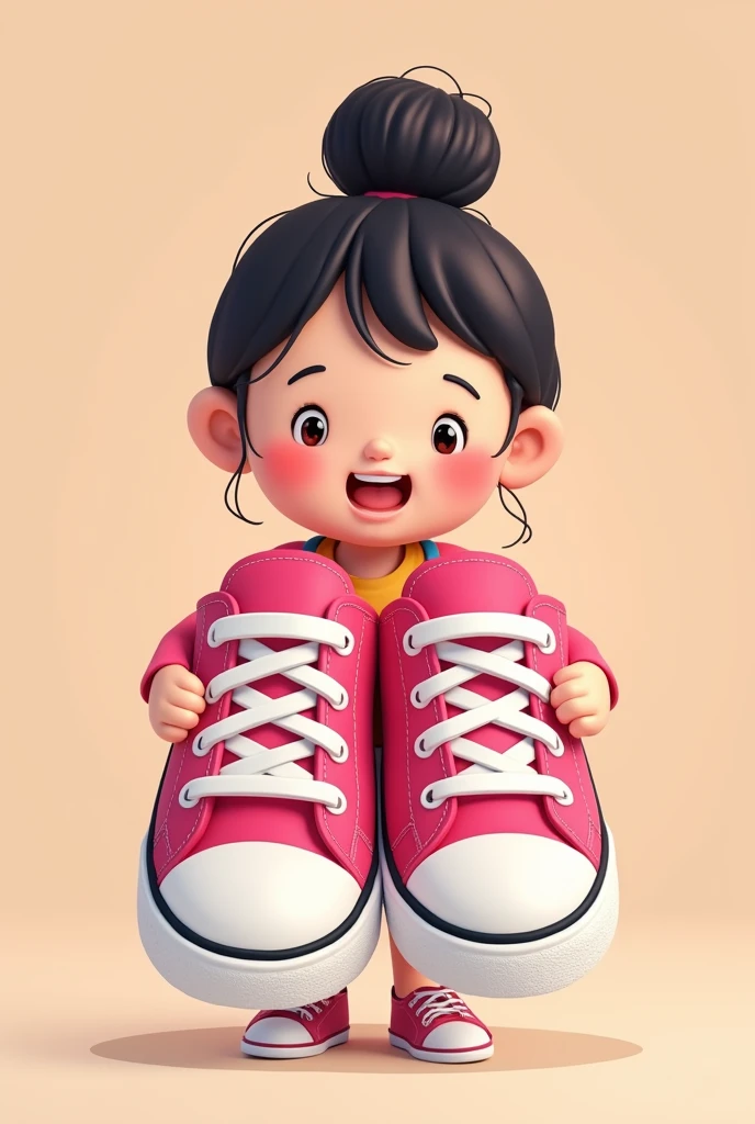 Girl holding her big pink shoes sneakers  happy (cartoon)  (ONE bun hair) close up 1D only no shadow