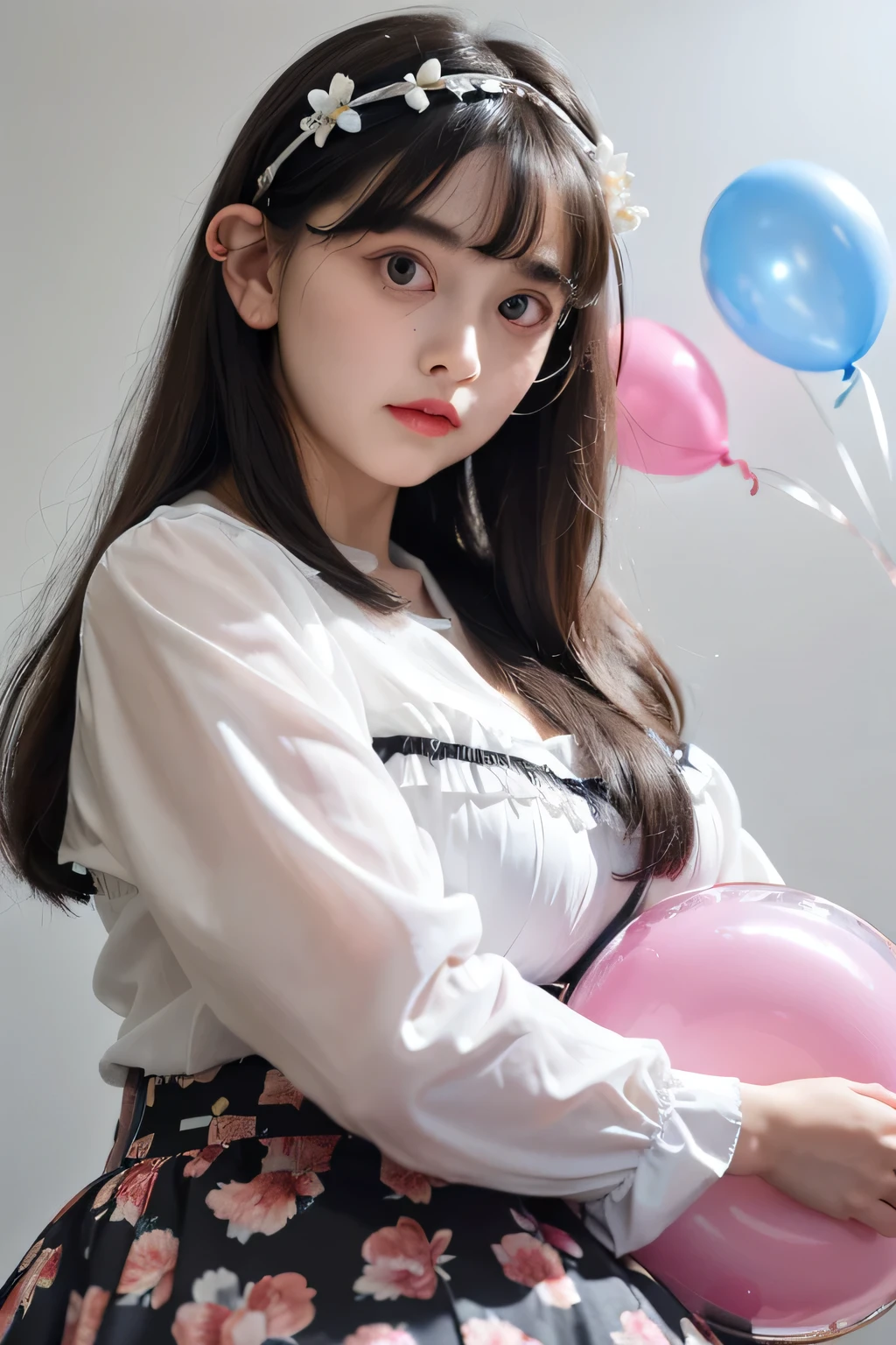 Young woman inflating balloons, wearing a white blouse with a black ribbon on the collar and a floral print, long hair with a headband, large breasts, in a luxurious lounge, (((big round eyes:1.3))), (((childlike face:1.4))), (((round face:1.4))), (((tareme:1.3))), (((bangs:1.2)))