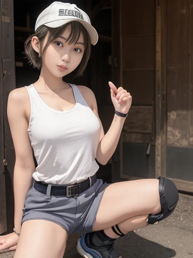 Japanese female, (underweight), (medium bust best quality:1.5), 30 years old, (mechanic girl:1.1),(tank top:1.2), fingerless gloves, goggles on headwear,short pants,short hair,(knee pads:1.2),cleavage,large breasts,
