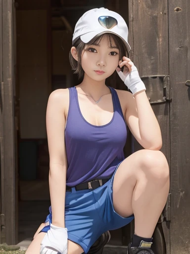Japanese female, (underweight), (medium bust best quality:1.5), 30 years old, (mechanic girl:1.1),(tank top:1.2), fingerless gloves, goggles on headwear,short pants,short hair,(knee pads:1.2),cleavage,large breasts,