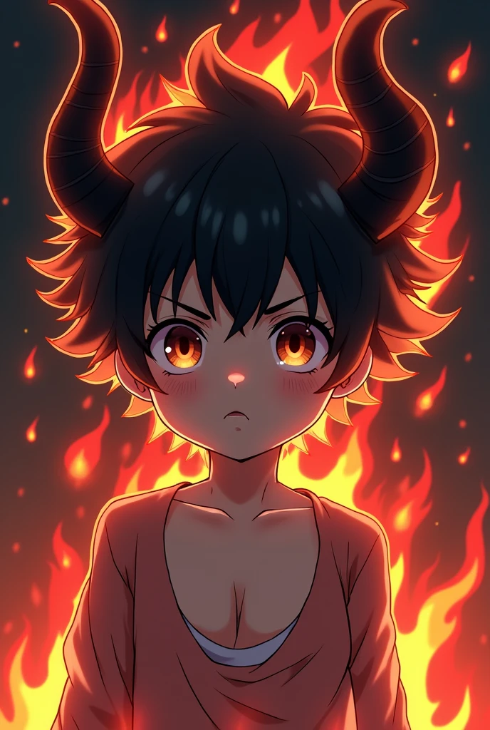 Create an image of an anime god with the appearance of a child with horns coming out of his forehead with a black flame with black eyes and with a huge penis