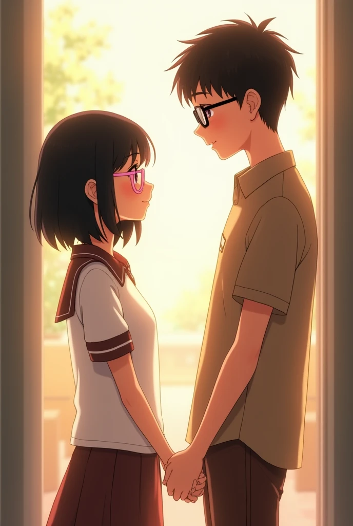 a couple, A boy with black hair, black eyes and glasses and the girl with shoulder-length black hair, with brown eyes from behind
