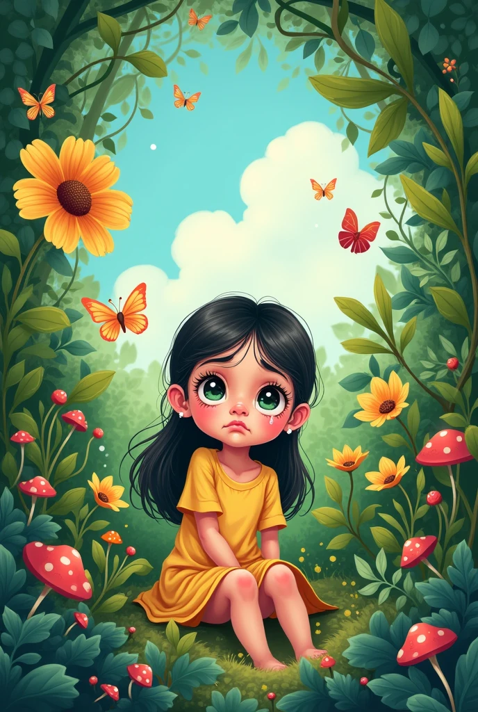 picture of Emma the kid overgrown garden with Emma crying in front of it cartoon