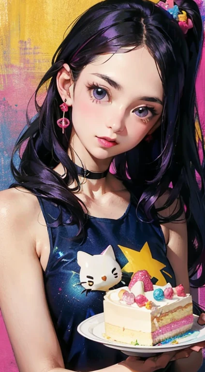 a girl with purple hair holding a piece of cake, inspired by Lisa Frank, pixiv contest winner, fantasy art, 4 k detail fantasy, tiny stars, airbrush fantasy 80s, unknown artist, her hair is in a pony tail, artgerm lau, comiс style, made of candy and lollypops, kidcore, rainbowcore, Kawaii, hello kitty, Sanrio,gyaru