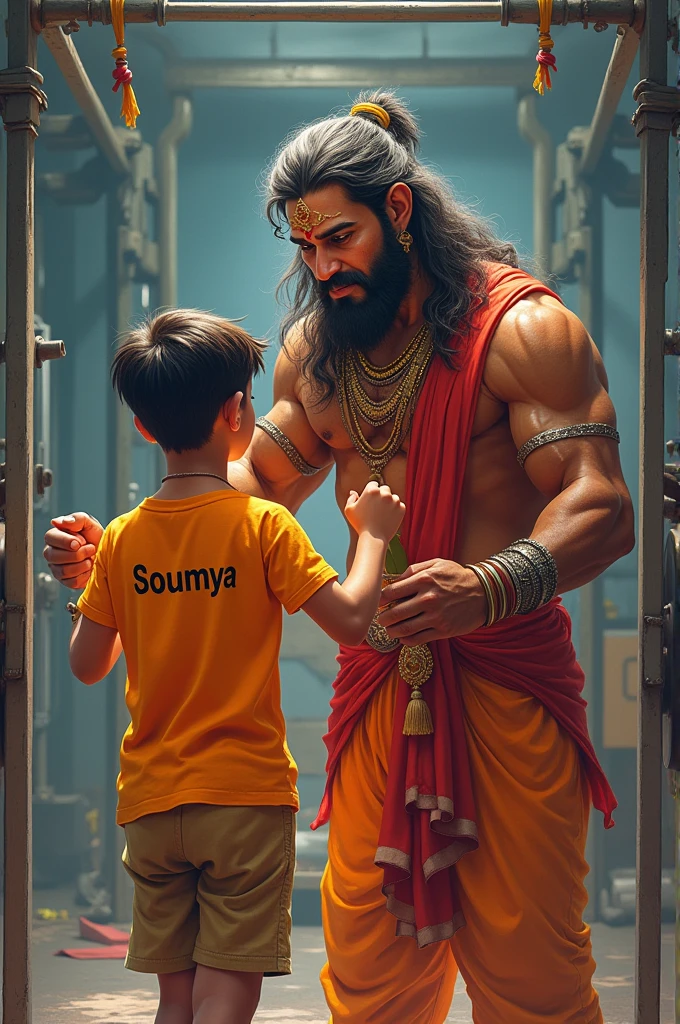 Hanumanji helping a boy in gym and soumya is written on the back of tshirt wich the boy has worn