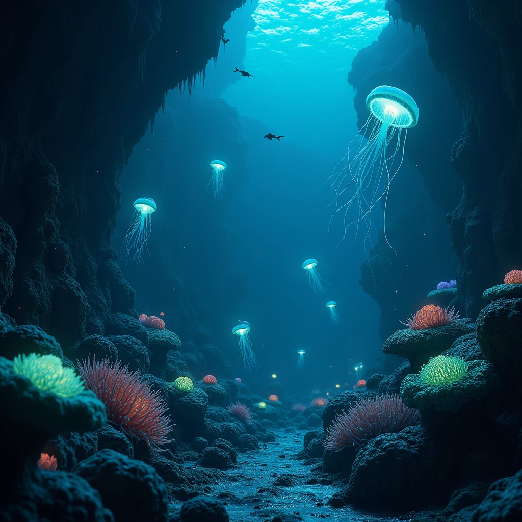 a mysterious hidden world, underwater world, deep sea creature, bioluminescent creatures, glowing creatures, otherworldly landscape, ethereal atmosphere, dark and moody, dramatic lighting, hyper-realistic, cinematic, award-winning digital art, octopus, jellyfish, anemone, coral reef, sea floor, blue and green color palette, dramatic shadows, moody lighting, photorealistic, highly detailed, intricate details, 8k, best quality