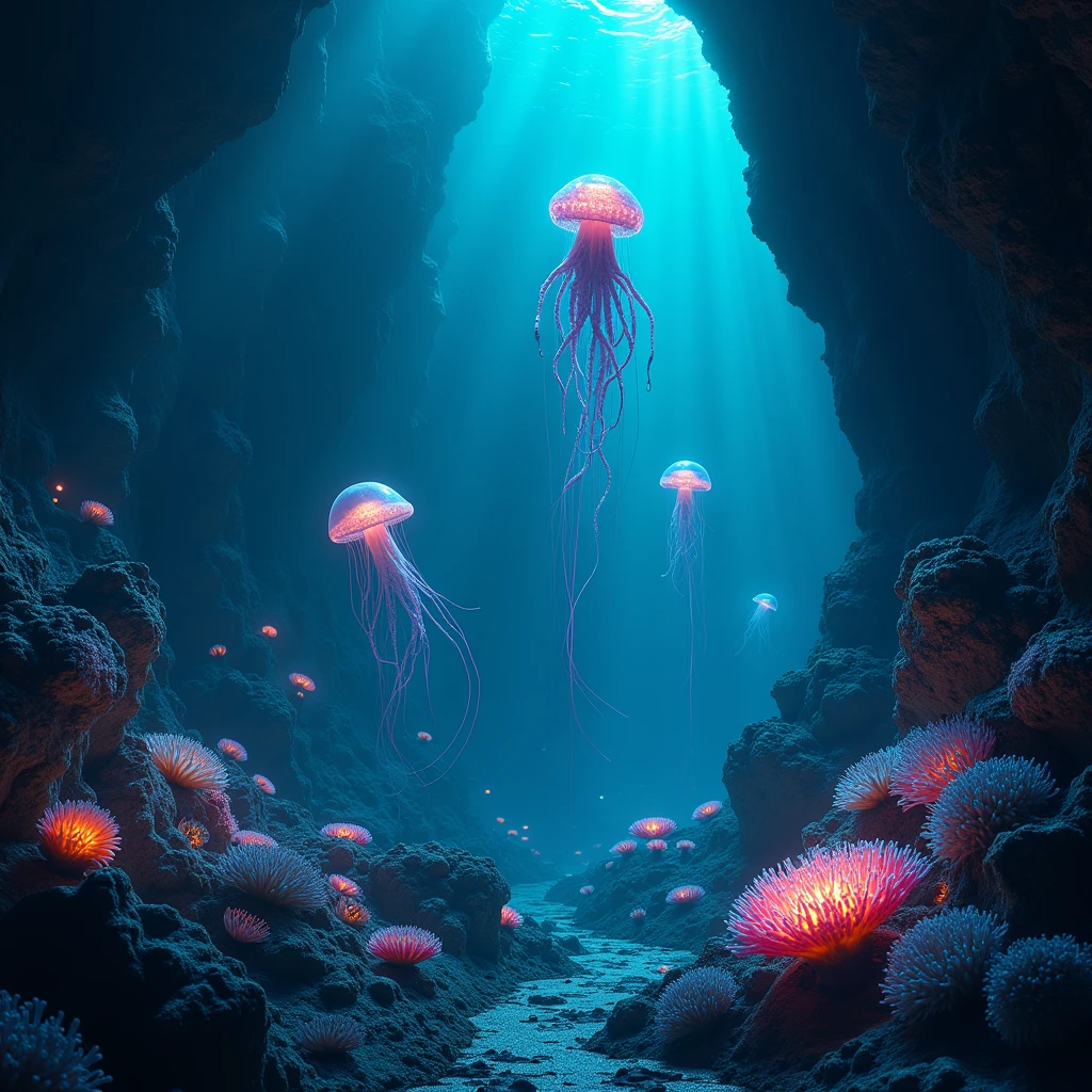 a mysterious hidden world, underwater world, deep sea creature, bioluminescent creatures, glowing creatures, otherworldly landscape, ethereal atmosphere, dark and moody, dramatic lighting, hyper-realistic, cinematic, award-winning digital art, octopus, jellyfish, anemone, coral reef, sea floor, blue and green color palette, dramatic shadows, moody lighting, photorealistic, highly detailed, intricate details, 8k, best quality