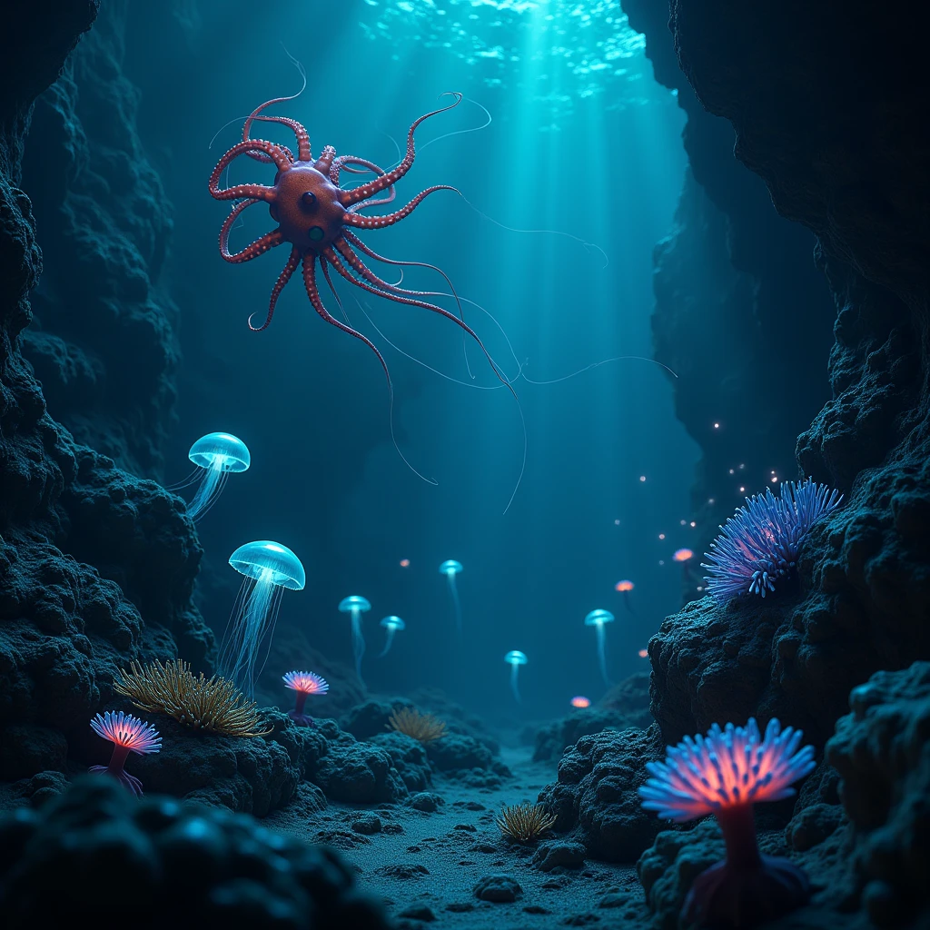 a mysterious hidden world, underwater world, deep sea creature, bioluminescent creatures, glowing creatures, otherworldly landscape, ethereal atmosphere, dark and moody, dramatic lighting, hyper-realistic, cinematic, award-winning digital art, octopus, jellyfish, anemone, coral reef, sea floor, blue and green color palette, dramatic shadows, moody lighting, photorealistic, highly detailed, intricate details, 8k, best quality