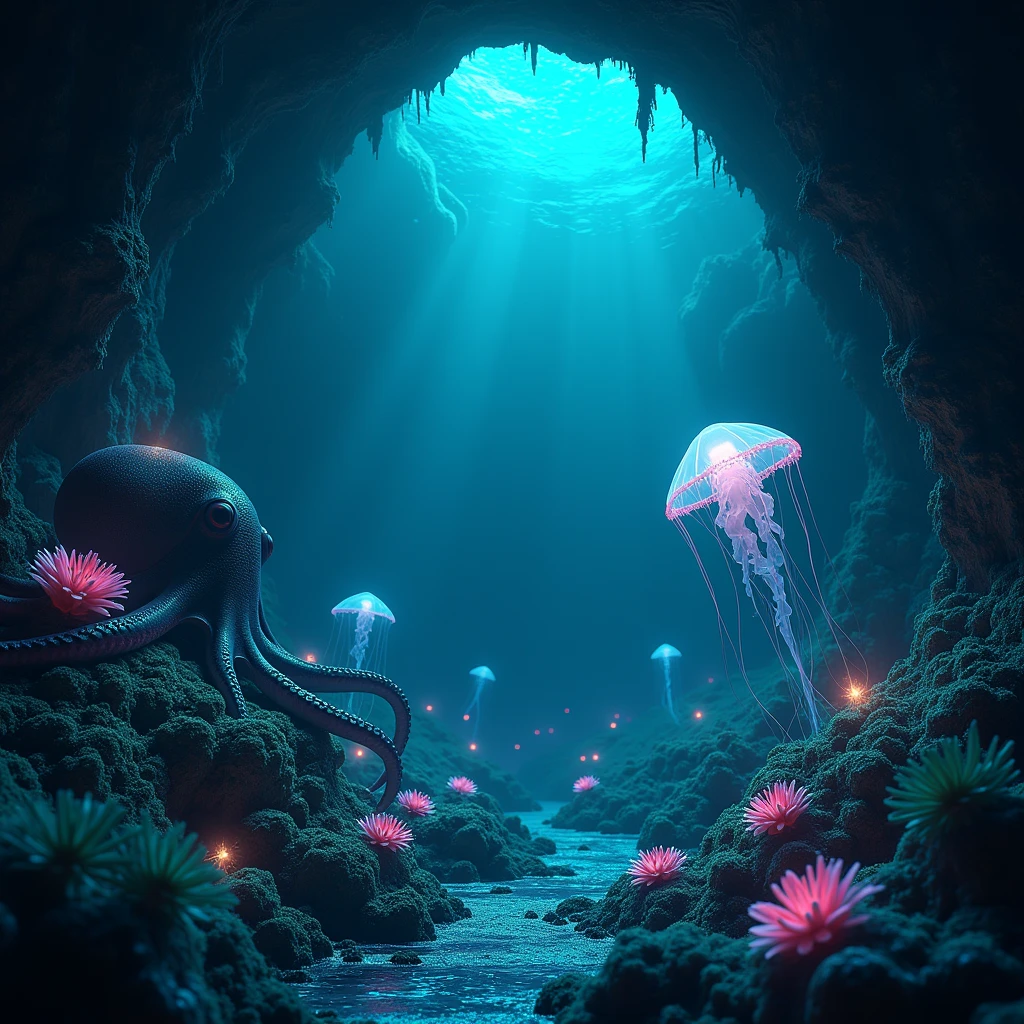 a mysterious hidden world, underwater world, deep sea creature, bioluminescent creatures, glowing creatures, otherworldly landscape, ethereal atmosphere, dark and moody, dramatic lighting, hyper-realistic, cinematic, award-winning digital art, octopus, jellyfish, anemone, coral reef, sea floor, blue and green color palette, dramatic shadows, moody lighting, photorealistic, highly detailed, intricate details, 8k, best quality
