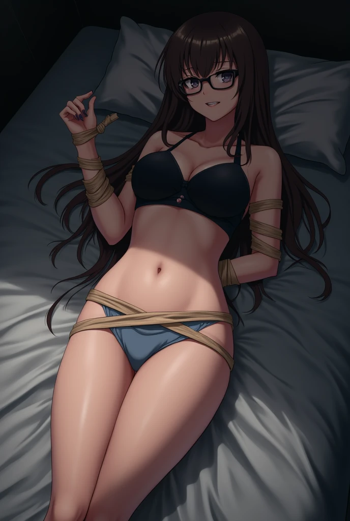 sekijou sawako, shibari, bondage, bound, brown hair, long hair, black eye glasses, stripped, best quality, ultra-detailed, high resolution, extremely detailed cg, unity 8k wallpaper, masterpiece, perfect body, anime picture, femsub, BDSM, regular light blue panty, black bra, small breasts, at night, lying down, in bed, dark room, teary-eyed, gagged, only in mouth gag, duct tape, Sekijou Sawako, gym storeroom, wrist tied up together behind her back, tied up legs, bracing