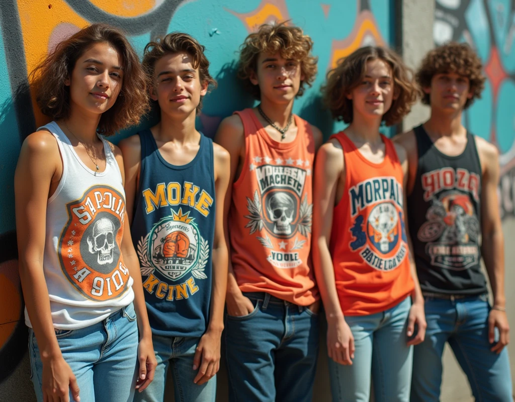A photo of teenagers dressed in skater fashion standing side by side. Everyone is wearing a tank top.