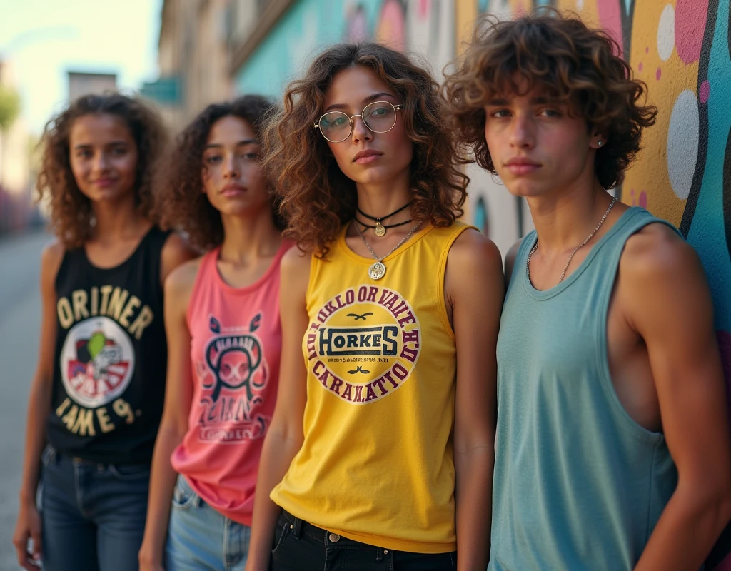 A photo of teenagers dressed in skater fashion standing side by side. Everyone is wearing a tank top. 