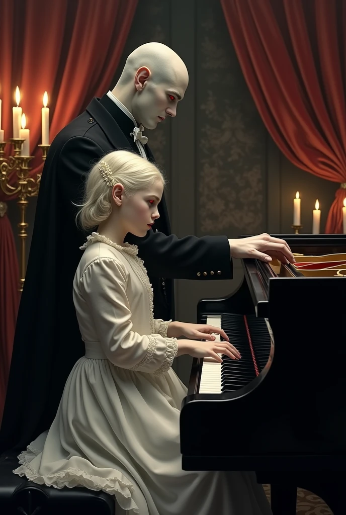 Bald vampire teaching albino girl to play piano
